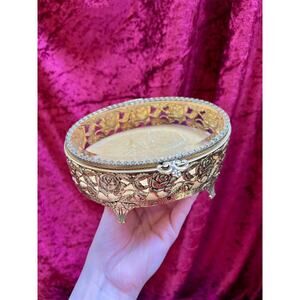 Vintage Jewelry Box - Beveled Glass Top Casket - Gold Brass Rose Frame - Footed